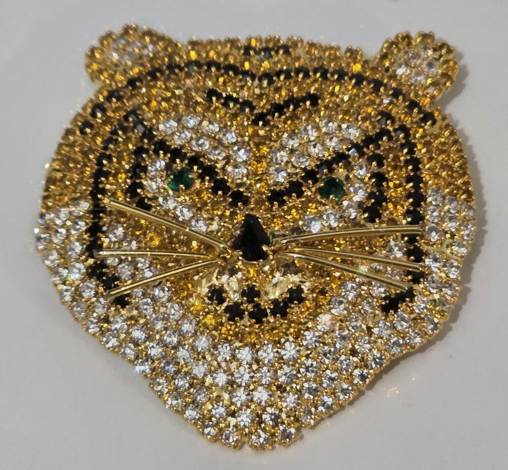 Vintage 2 1/8" Rhinestone Tiger Face Gold Tone Pin Brooch